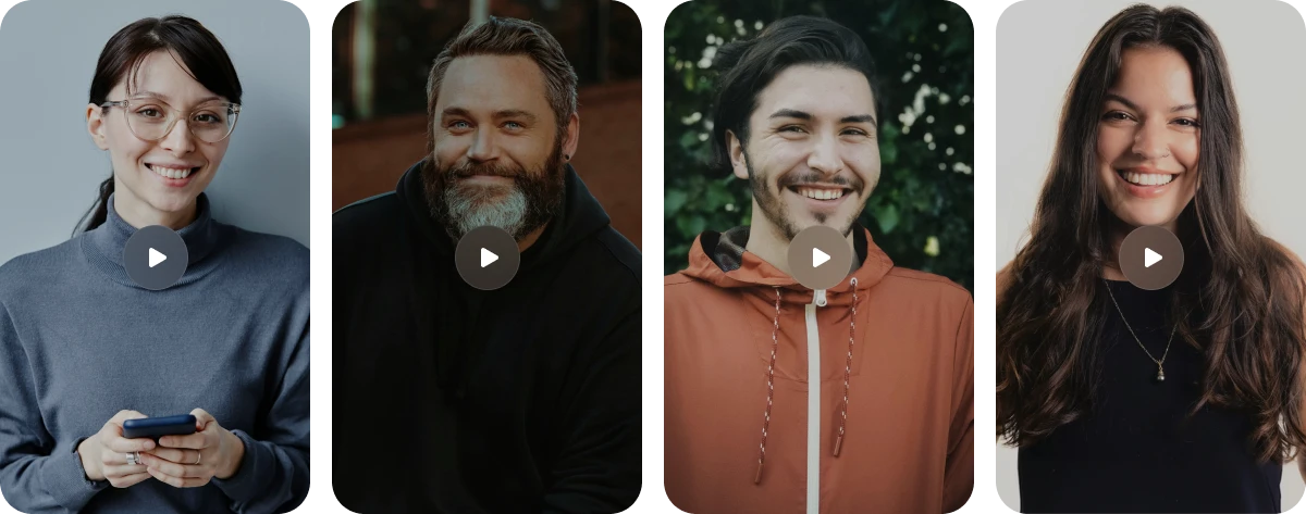 Four smiling people, two men and two women, are shown in individual video thumbnails with play buttons.
