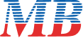 The letters "MB" are shown in a stylized font, with the top half blue stripes and bottom half solid red.