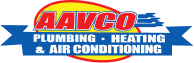 A red and yellow logo for "AAVCO" with a blue banner below reading "PLUMBING • HEATING & AIR CONDITIONING".