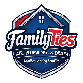 A blue and red shield logo with a house roof and "FamilyTies AIR, PLUMBING, & DRAIN Families Serving Families."