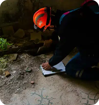 A person in an orange hard hat and blue pants kneels, writing on a clipboard on a dirty, tiled floor.