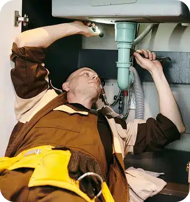 A bald man in brown overalls and a tool belt uses a wrench and flashlight to fix a sink pipe.