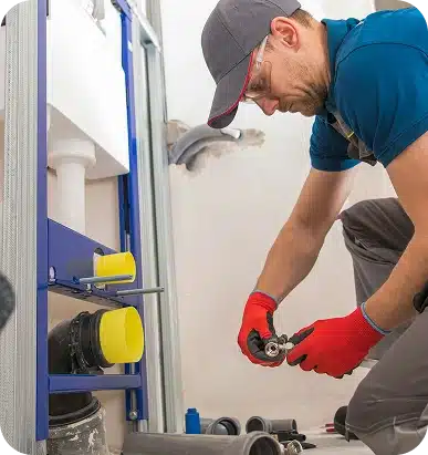 A man in a grey cap, safety glasses, and red gloves works on plumbing pipes for a toilet installation.