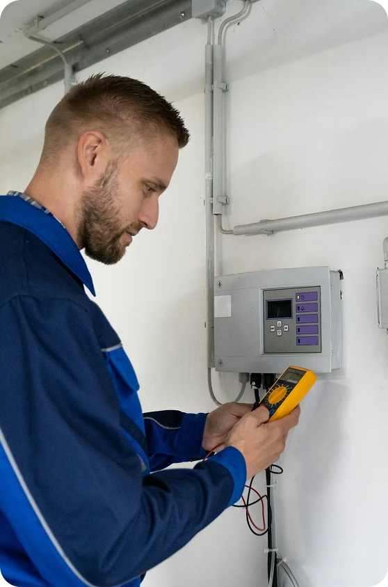 A man in a blue uniform uses a yellow multimeter to test a gray electrical panel on a white wall.