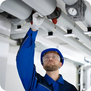 A man in a blue uniform, hard hat, and safety glasses reaches up to adjust a pipe on the ceiling.