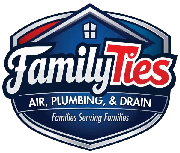 A blue and red logo with a house icon and text "FamilyTies AIR, PLUMBING, & DRAIN Families Serving Families."