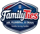 A blue and red logo with a house icon and text "FamilyTies AIR, PLUMBING, & DRAIN Families Serving Families."