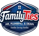 A blue and red logo with a house icon and text "FamilyTies AIR, PLUMBING, & DRAIN Families Serving Families."