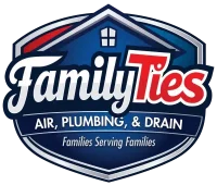A blue and red logo with a house icon and text "FamilyTies AIR, PLUMBING, & DRAIN Families Serving Families."